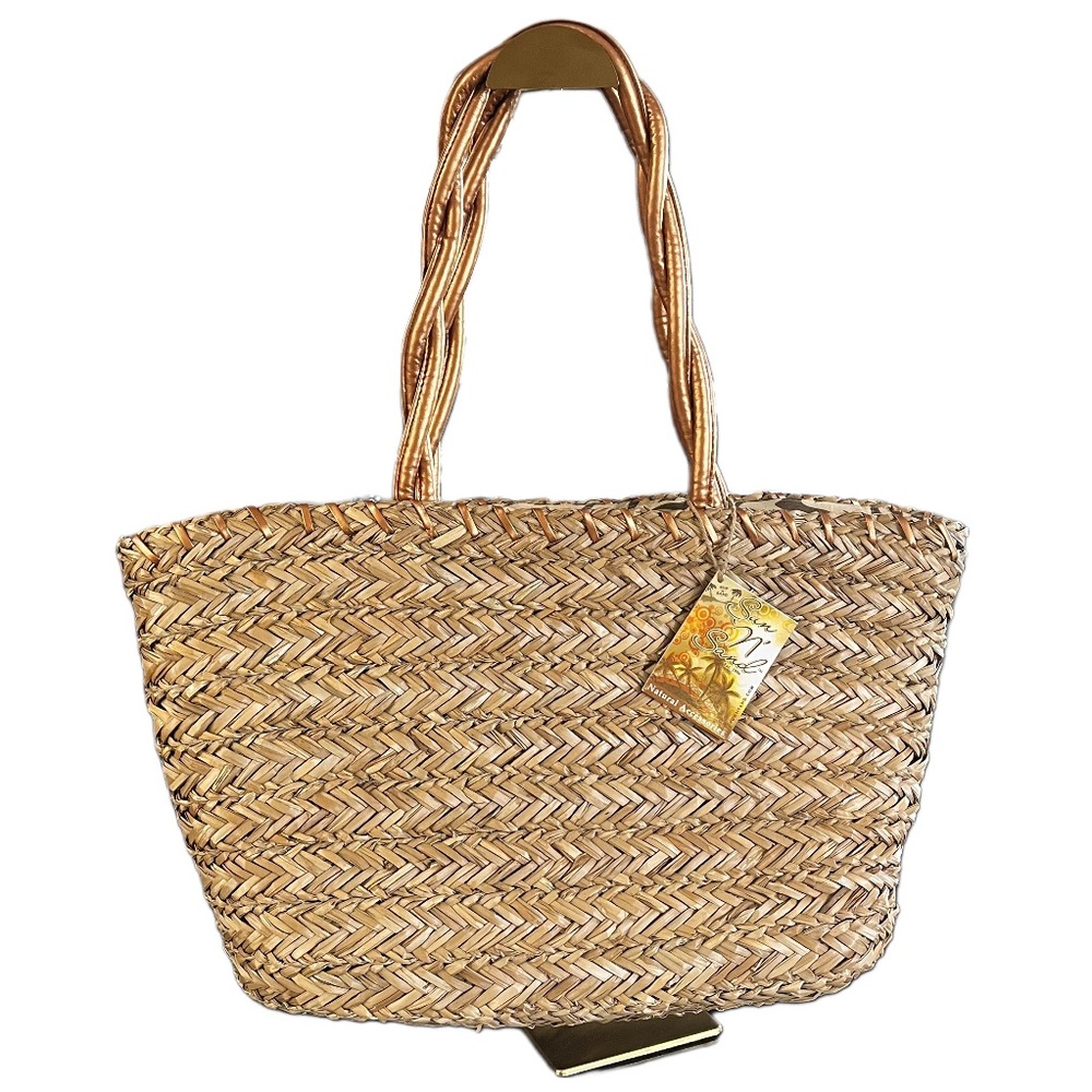 NWT Sun & Sand Natural Fiber Straw Woven Beach Tote Bag Pristine Quiet Luxury